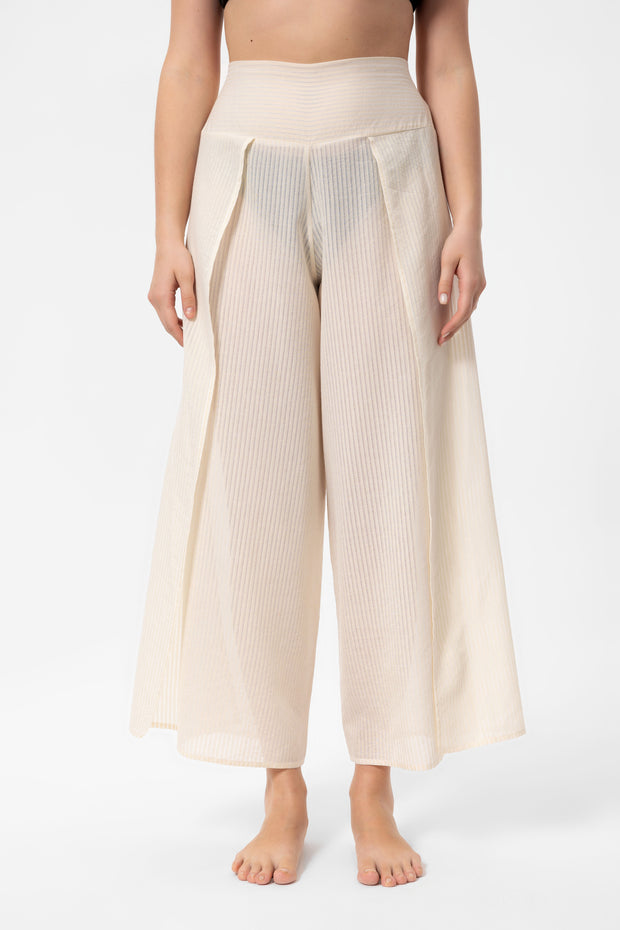 Beige Striped Yırtmaçlı Pantalon