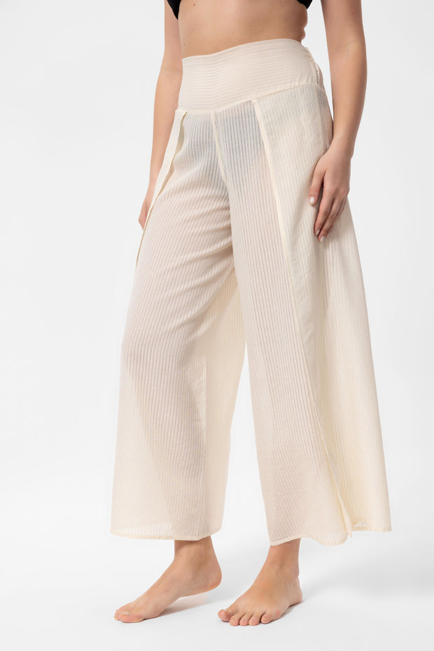 Beige Striped Yırtmaçlı Pantalon