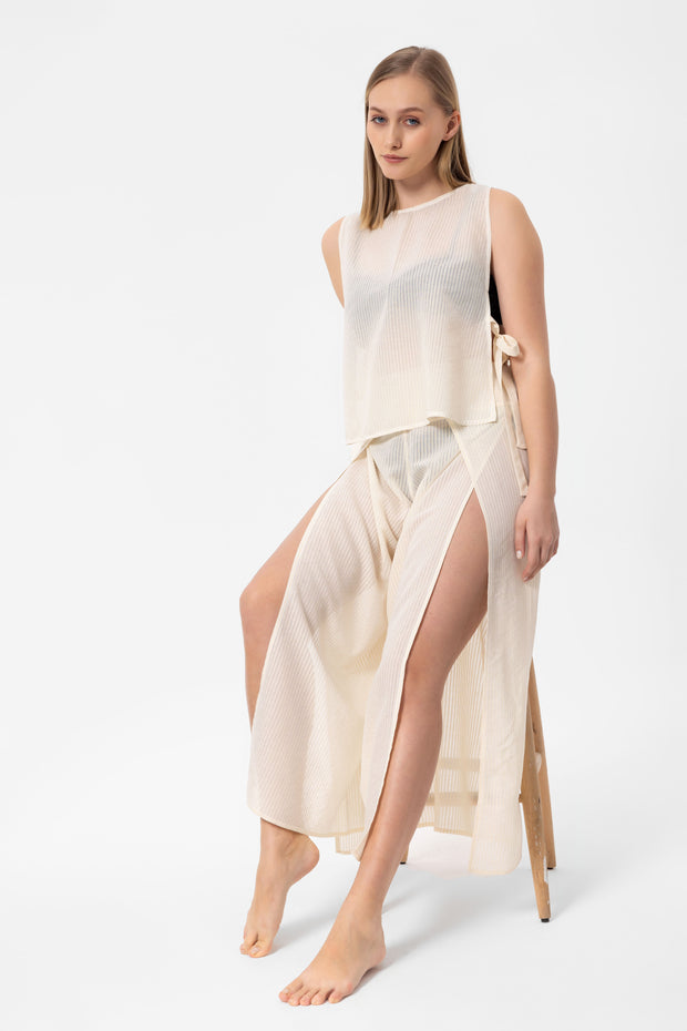 Beige Striped Yırtmaçlı Pantalon