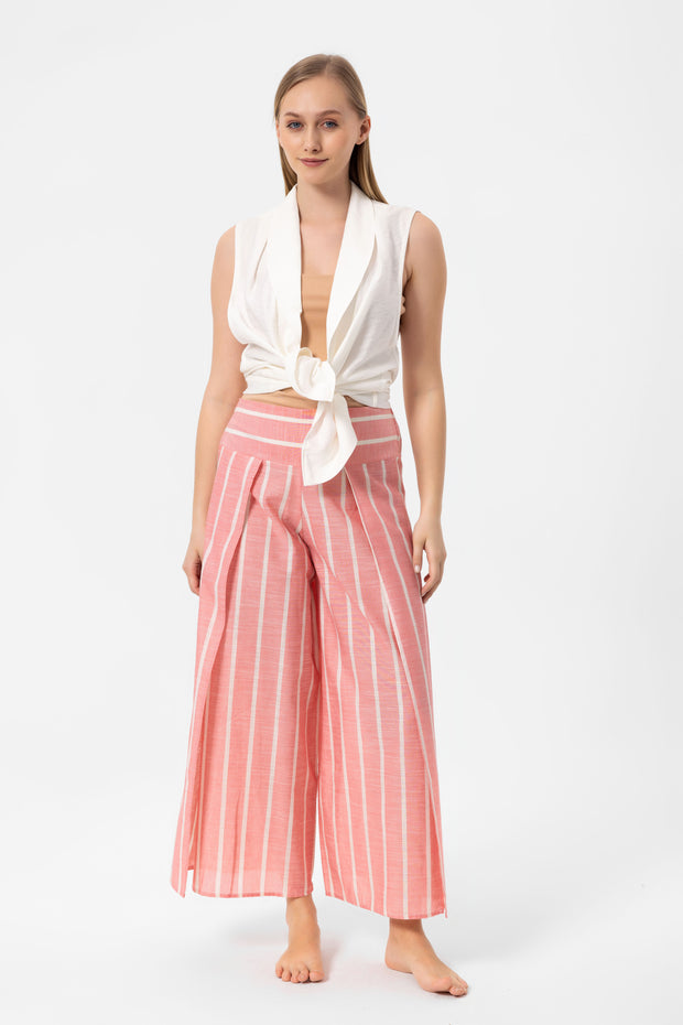 Pink-White Stripes Yırtmaçlı Pantalon