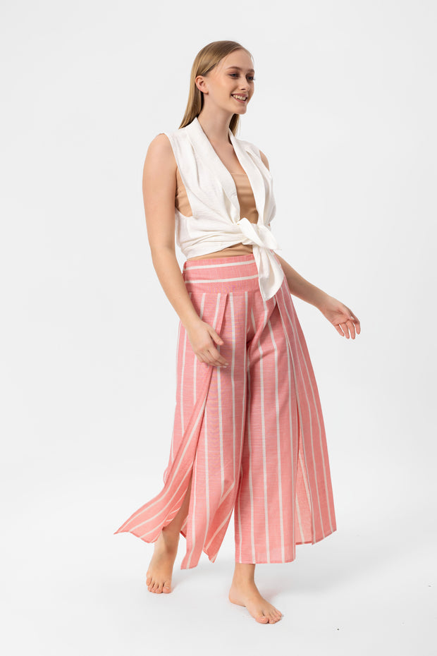 Pink-White Stripes Yırtmaçlı Pantalon