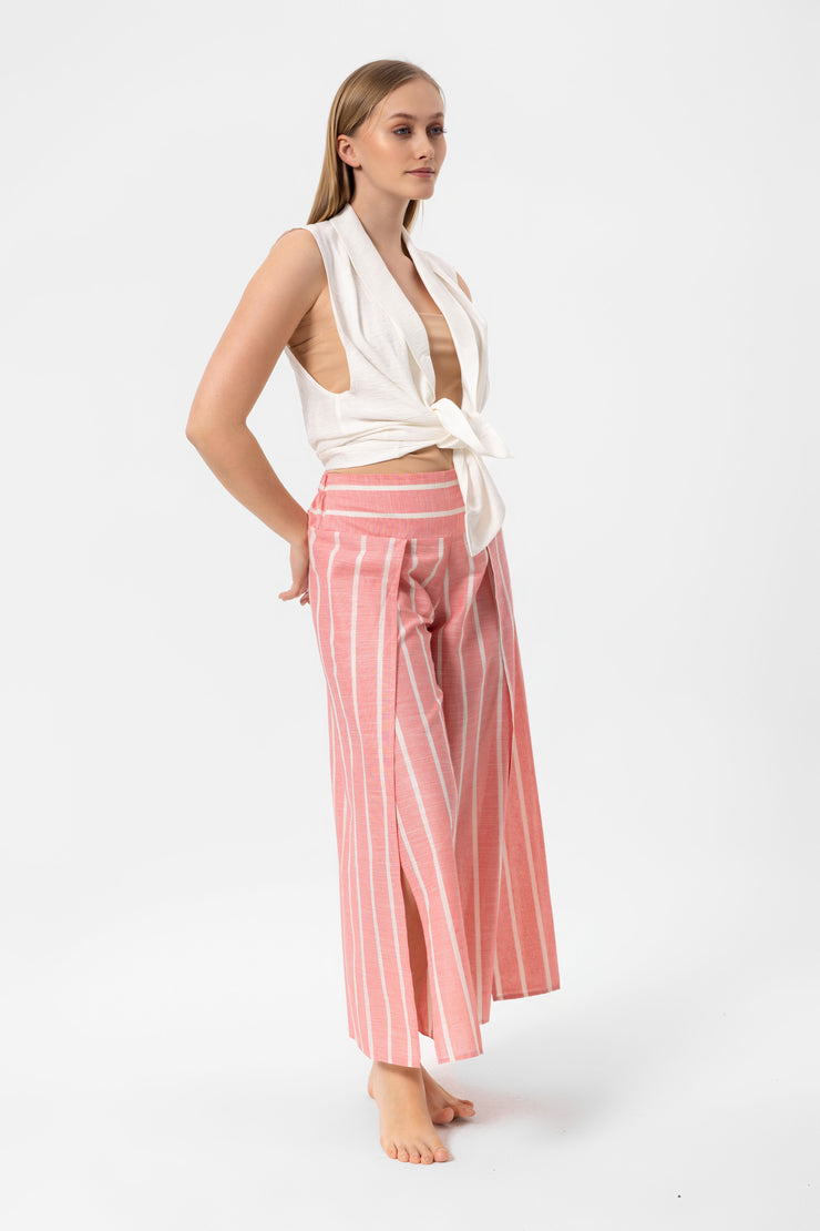 Pink-White Stripes Yırtmaçlı Pantalon