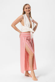 Pink-White Stripes Yırtmaçlı Pantalon