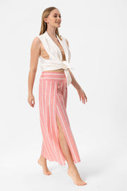 Pink-White Stripes Yırtmaçlı Pantalon