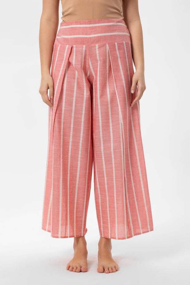 Pink-White Stripes Yırtmaçlı Pantalon