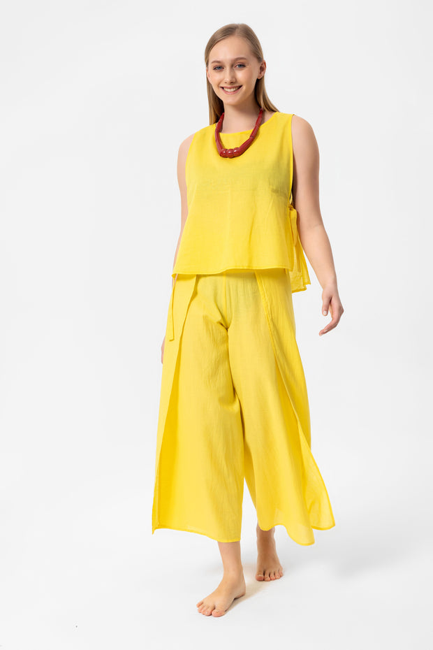 Yellow Linen Yırtmaçlı Pantalon