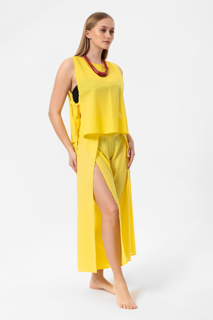 Yellow Linen Yırtmaçlı Pantalon